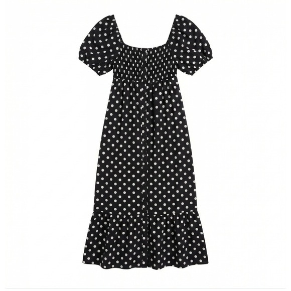 Pink Lily Dresses & Skirts - Pink Lily Womens Polka Dot Smocked Puff‎ Sleeve Maxi Dress Milkmaid Black Large